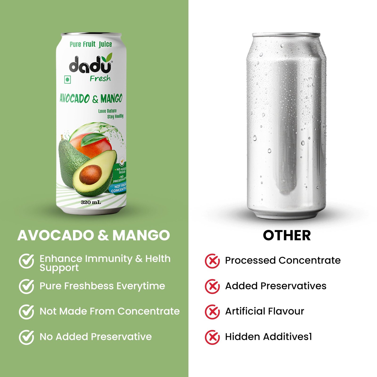 Dadu Fresh Avocado & Mango Juice | Pure Natural Fruit Healthy Beverage | Not from Concentrate, No Added Sugar, No Preservatives or Artificial Flavours | Vitamin Rich & Naturally Refreshing | 6 Cans x 320ml (1920ml) - Image 6