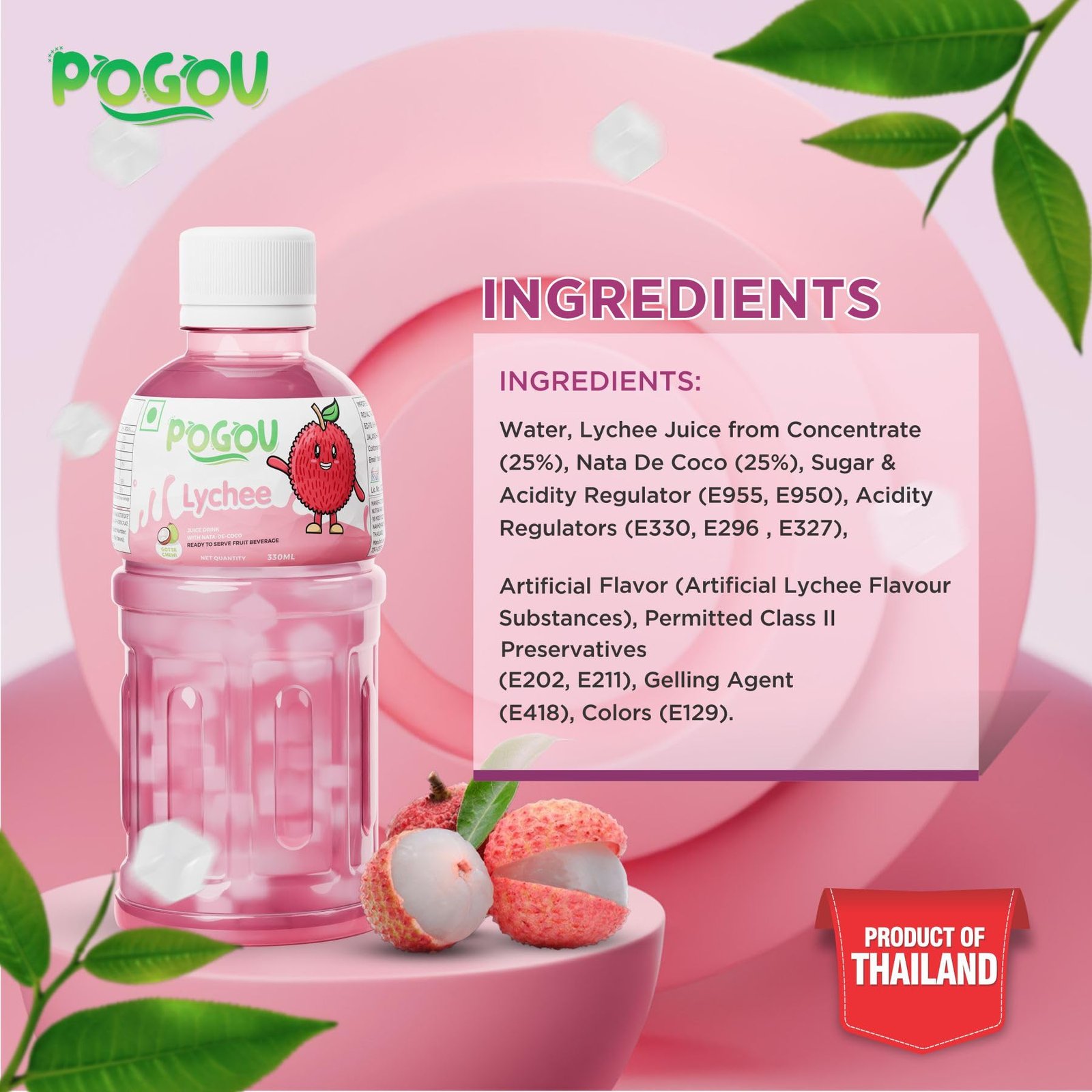 POGOU Lychee Fruit Juice with 25% Nata De Coco | Real Thai Tropical Drink with Coconut Jelly | Healthy Fruit Juice for Kids & Adults | Natural Flavored Refreshing Beverage | Imported from Thailand | Pack of 6, 330ml Each - Image 4
