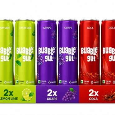 Bubble Gut Mixed Sparkling Soda Drink, Lemon Lime, Grape and Cola Flavours, 250 ml, Pack of 6