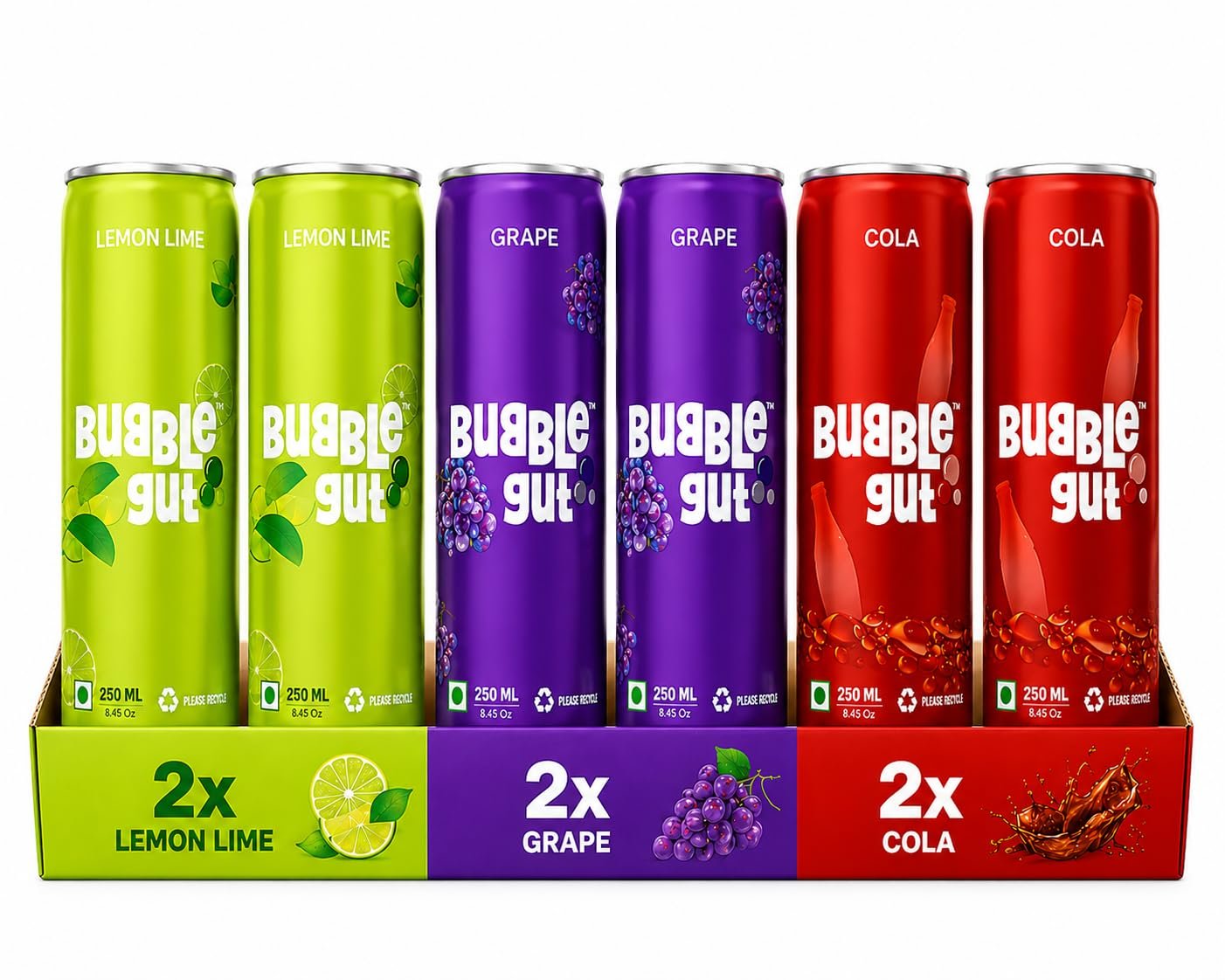 Bubble Gut Mixed Sparkling Soda Drink, Lemon Lime, Grape and Cola Flavours, 250 ml, Pack of 6