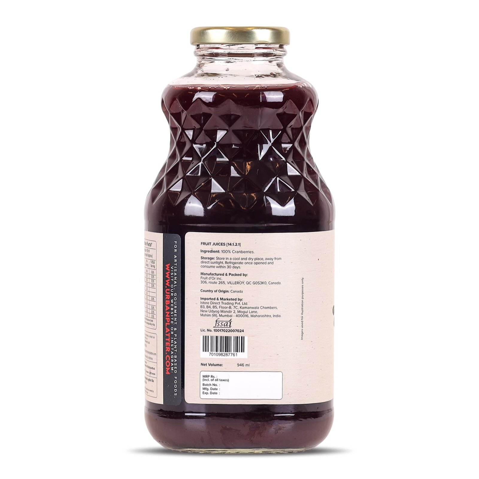 Urban Platter 100% Canadian Cranberry Juice, 946ml (Glass Bottle, No Added Sugar & Preservative-Free, Antioxidant-Rich, Supports UTI Health, Ideal for Cocktails & Mocktails) - Image 3