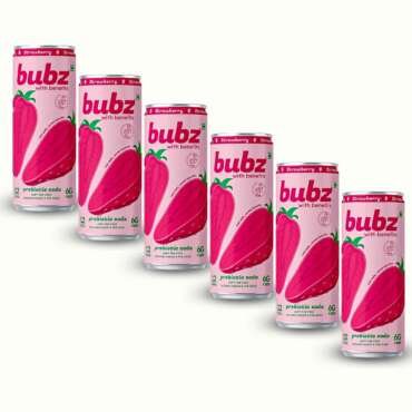 Bubz Strawberry Prebiotic Soda | 0g Added Sugar, 12 Kcal Per Can, 6g Prebiotic Fiber | Strawberry Flavor | 250 ml Can | Pack of 6 Low Calorie Soda Drink