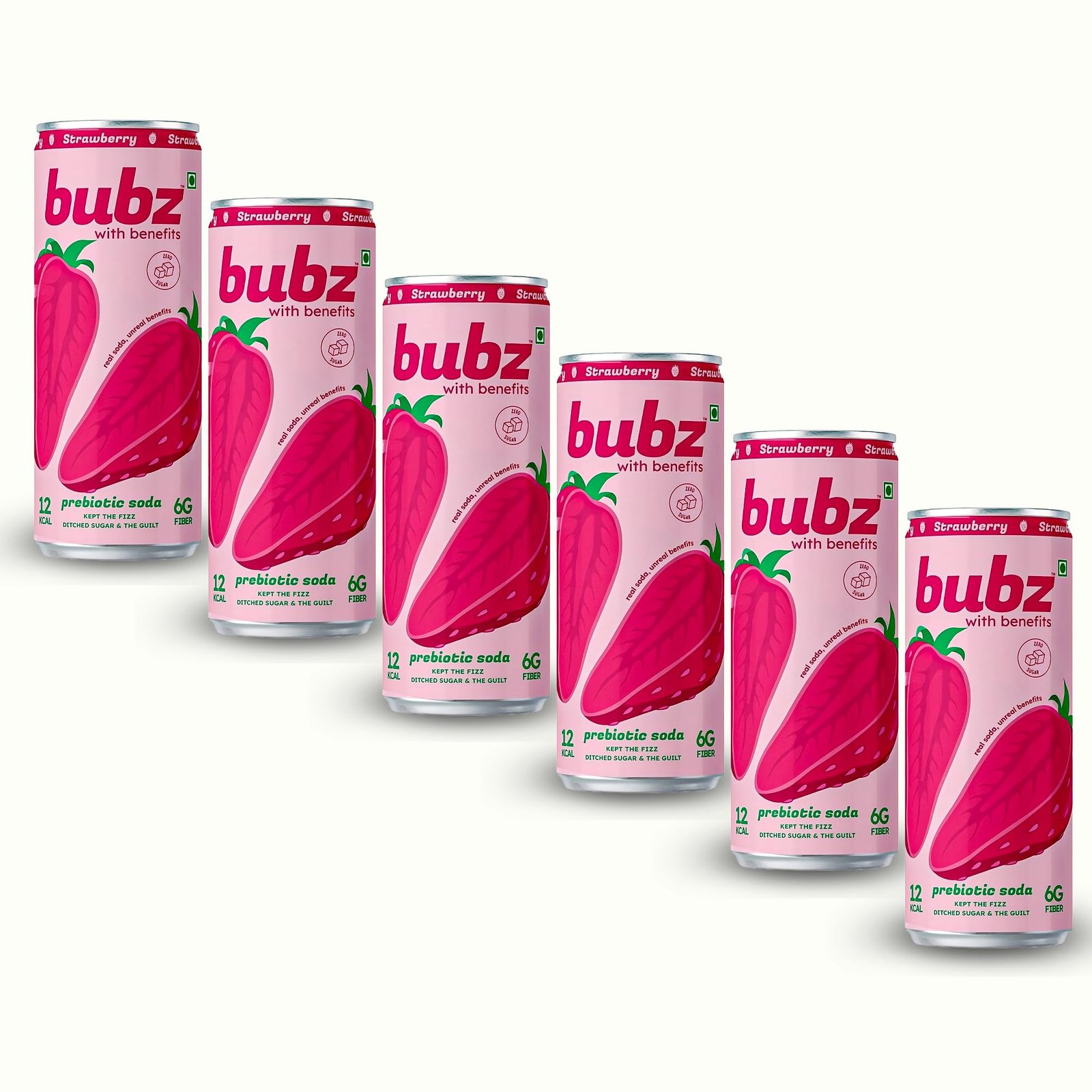 Bubz Strawberry Prebiotic Soda | 0g Added Sugar, 12 Kcal Per Can, 6g Prebiotic Fiber | Strawberry Flavor | 250 ml Can | Pack of 6 Low Calorie Soda Drink