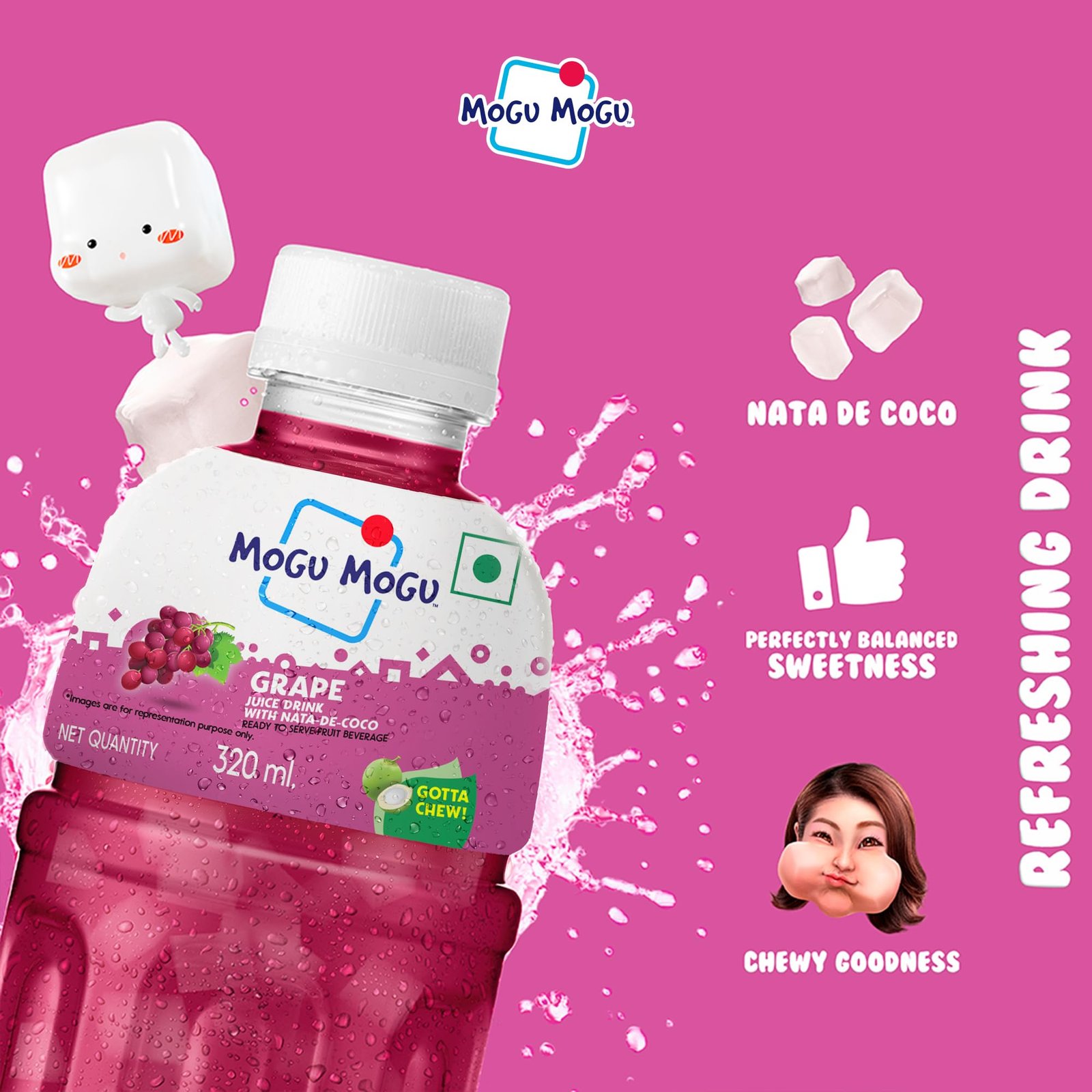 Mogu Mogu Grape Juice Drink with Nata de Coco Jelly 320ml (Pack of 6)| Refreshing Tropical Thai-Made Sip & Chew Beverage - Image 7