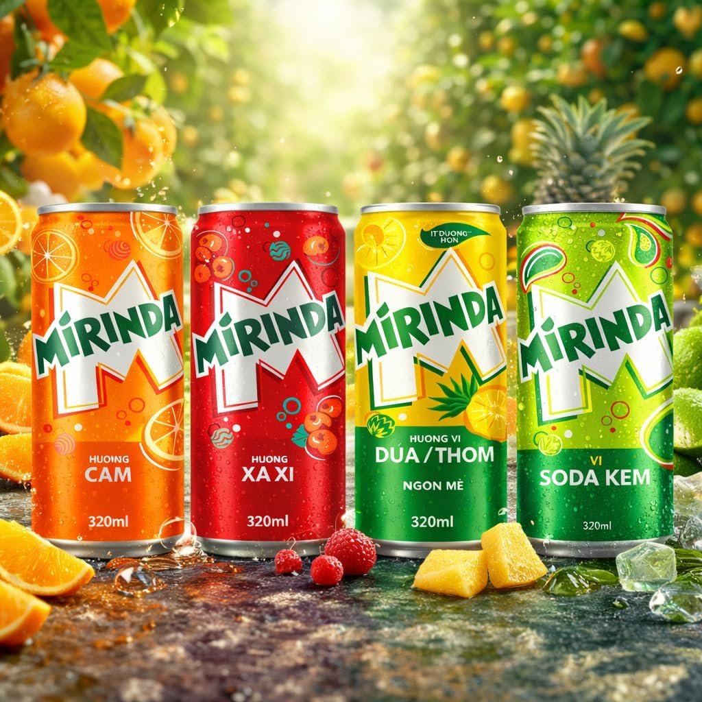 Mirinda Carbonated Soft Drink, Vairety Pack Orange, Sarsaparilla and Cream Soda Flavours, 320ml X 6 Cans, (Product Of Vietnam) From Decadent Foods - Image 2