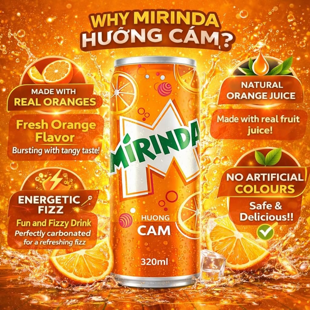 Mirinda Orange Carbonated Soft Drink, Featuring a Bold, Sweet, and Fizzy Taste Delivers a Zesty Kick Of Orange Goodness 320ml X 4 Cans, (From Vietnam) By DECADENT FOODS - Image 4
