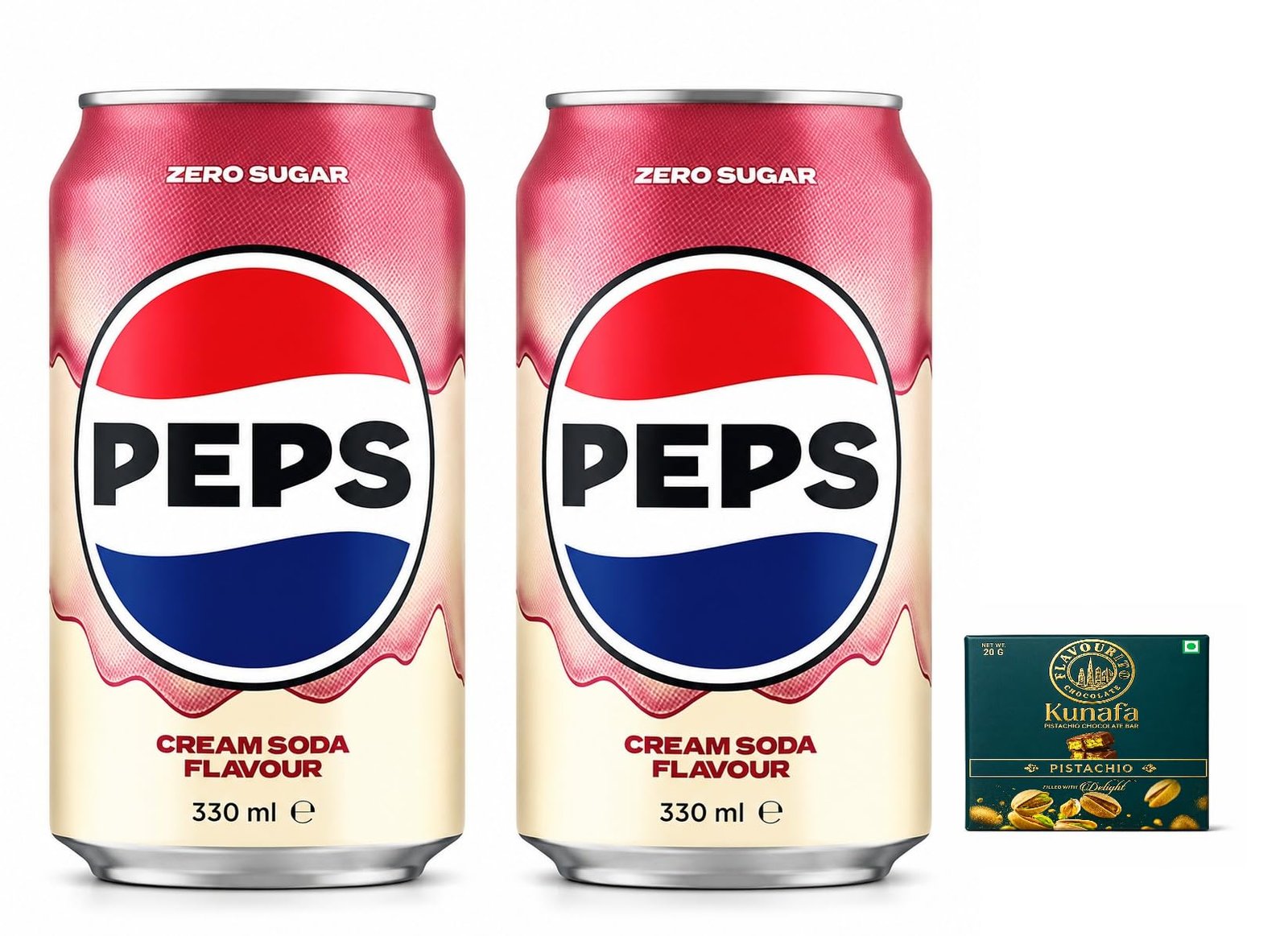 Pepsi Cream Soda Flavour Zero Sugar Soft Drink, 330ml Each (Pack of 2) | Sugar-Free Carbonated Soft Drink | Smooth Cream Soda Taste | Ready-to-Drink Beverage,Get Free Flavourito Kunafa Pistachio Chocolate Bar, 20g By Decadent Foods,(Imported-USA)