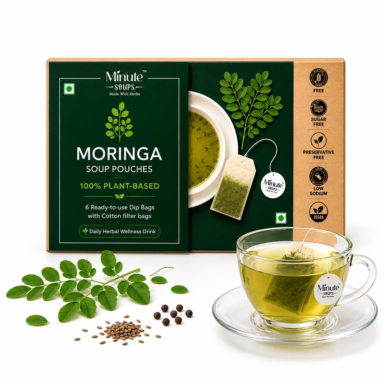 Minute Soups Moringa (Murungai Keerai) DipSoup Bags | Moringa Herbal Instant Soup | Drumstick Leaves Wellness Drink | Tea Bag StyleSoup | Instant Soup Packets | 6 Sachets (12g)