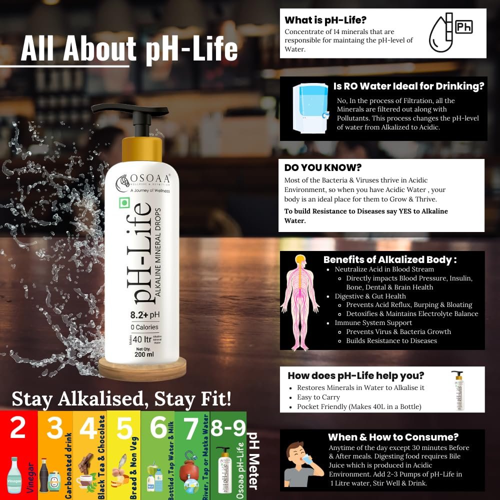 OSOAA Ph-Life Vegetarian Alkaline Mineral Water Drops (200Ml)|Makes 40L Alkaline Water|8.2+ Ph Booster Drops For Ro Water|14 Minerals,0 Calorie|Drinking Water Enhancer Liquid - Image 4