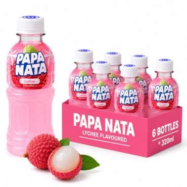 PAPANATA Lychee Juice with Nata de Coco Jelly (320ml X 6) Pure & Refreshing Sip & Chew Beverage | Ready to Drink Lychee Fruit Juice Beverage with Nata de Coco for Kids & Adults