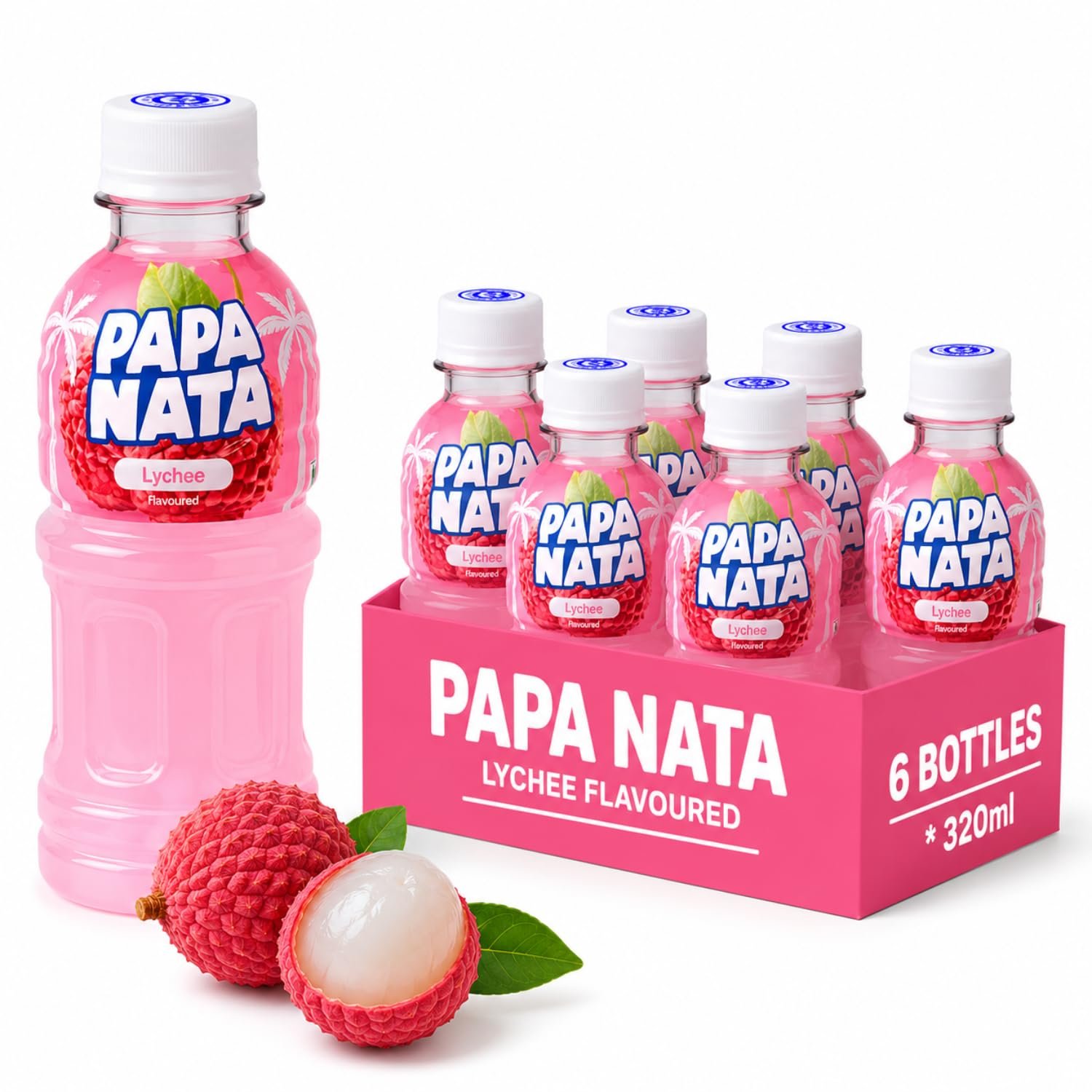 PAPANATA Lychee Juice with Nata de Coco Jelly (320ml X 6) Pure & Refreshing Sip & Chew Beverage | Ready to Drink Lychee Fruit Juice Beverage with Nata de Coco for Kids & Adults