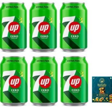 7UP Zero Sugar Carbonated Soft Drink, Extra Fizz, Lemon Flavour, 300mL X Pack of 6 Cans (From UAE) Get Flavourito Kunafa Chocolate 20g Absolutely Free By DECADENT FOODS