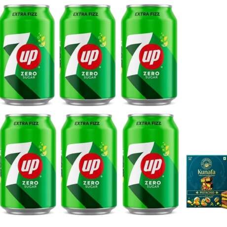 7UP Zero Sugar Carbonated Soft Drink, Extra Fizz, Lemon Flavour, 300mL X Pack of 6 Cans (From UAE) Get Flavourito Kunafa Chocolate 20g Absolutely Free By DECADENT FOODS