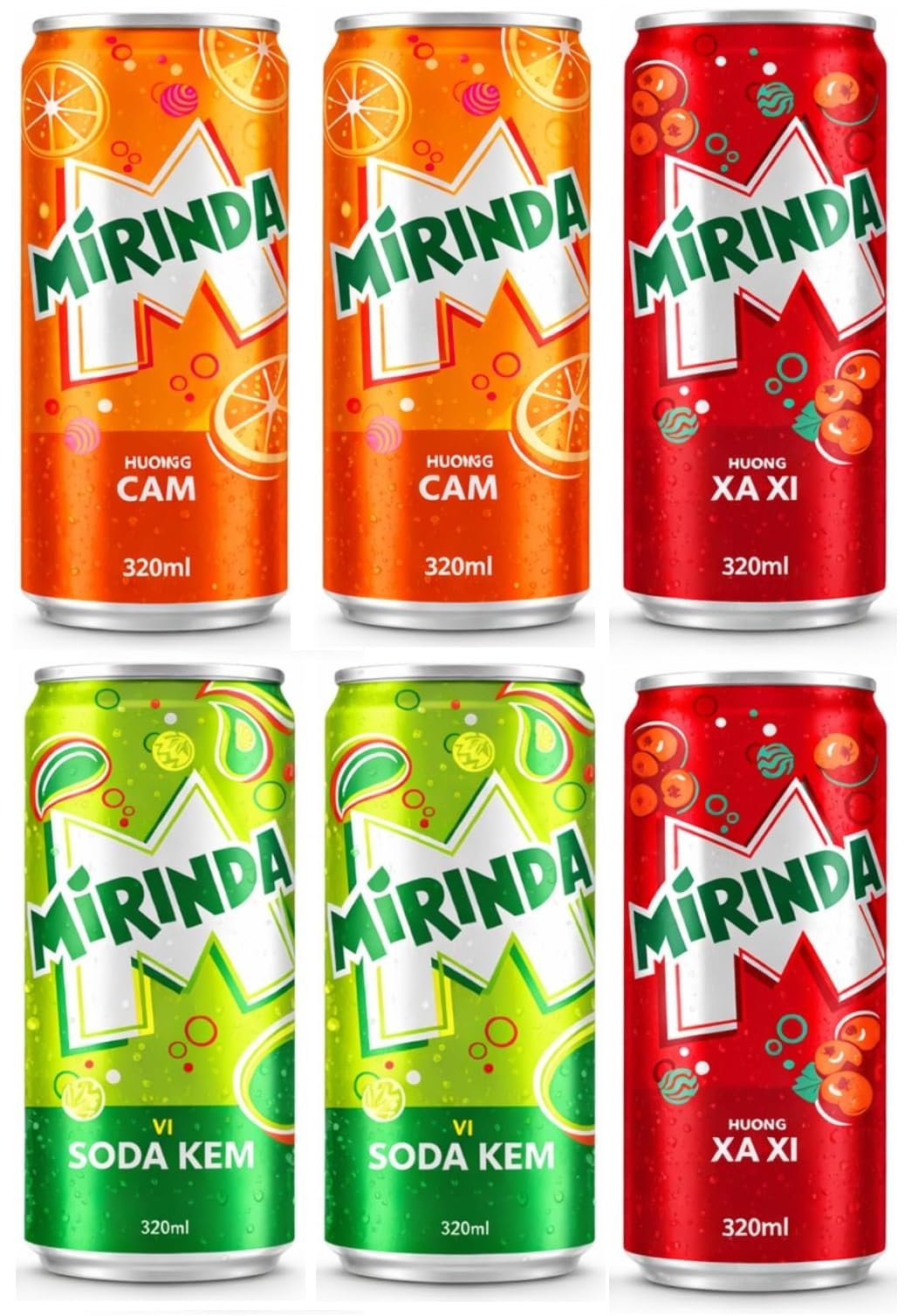 Mirinda Carbonated Soft Drink, Vairety Pack Orange, Sarsaparilla and Cream Soda Flavours, 320ml X 6 Cans, (Product Of Vietnam) From Decadent Foods