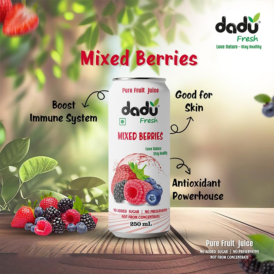 Dadu Fresh Mixed Berries Juice | Pure Natural Juice | Not from Concentrate | No Added Sugar | No Preservatives or Artificial Flavors | Blend of Strawberries, Blueberries, Mulberries & Raspberries | 250ml (Pack of 4) - Image 4