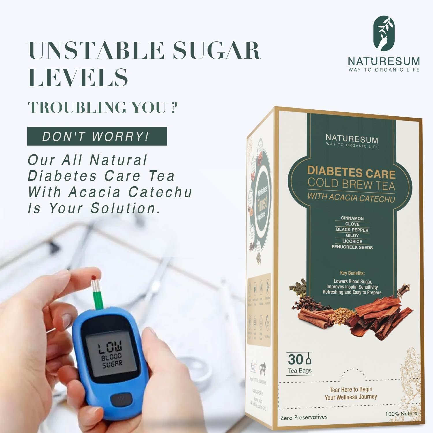 Naturesum Diabetic Care Tea for Diabetes Control, 30 Tea Bags, with Fenugreek (Methi Dana), Acacia Catechu & More, Insulin Resistant, Anti-Inflammatory & Immunity Booster Cold Brew - Image 3