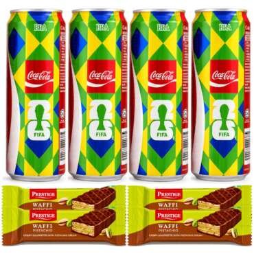 COCA-COLA - FIFA Special Edition (BRAZIL) - Soft Drink Cans (320ml x 4pcs) By COUGAR | Refreshing Carbonated Cola Beverage Assorted Country Design Pack | Chilled Fizzy Cold Drink for Parties | FREE 4 PRESTIGE PISTACHIO WAFFI BARS INCLUDED – (Imported-MALA