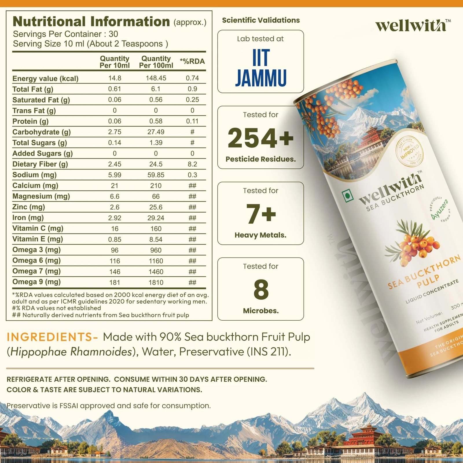 Ayuzera (Wellwith) Himalayan Sea Buckthorn Pulp Concentrate 300ml | Cold-Pressed | Makes 50 Glasses | Natural Vitamin C, Omega 3 6 7 9, Antioxidants | Immunity, Skin Glow & Gut Health Support | Juice Seabuckthorn - Image 3