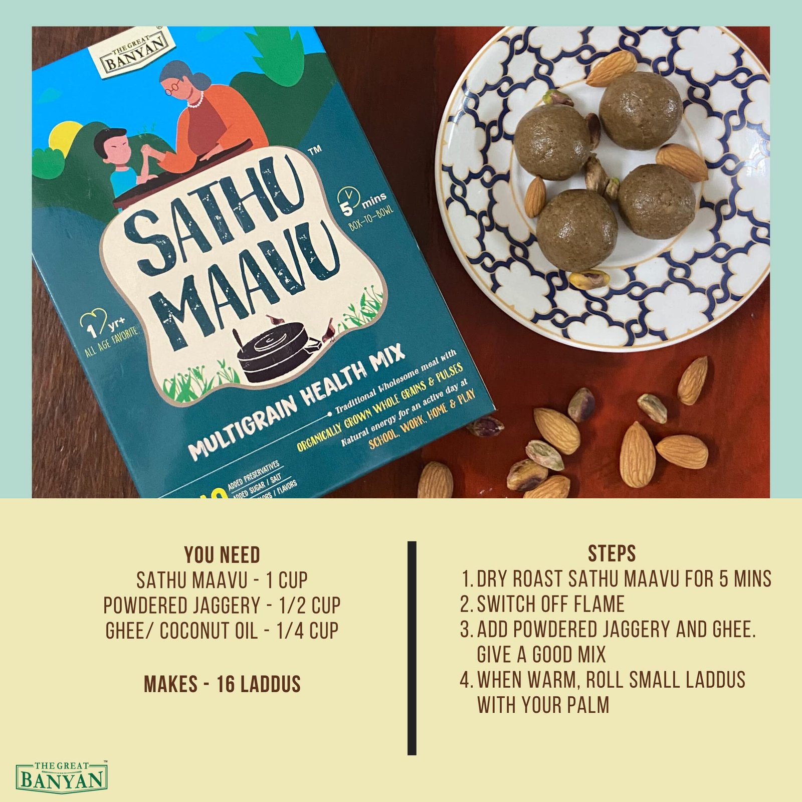 The Great Banyan Multigrain Sathu Maavu for Kids & Adults 400g – Made with Wholegrains, Millets, Pulses & Nuts | No added Sugar/Salt, Preservative Free Sathumaavu Kanji Drink Mix - Image 5