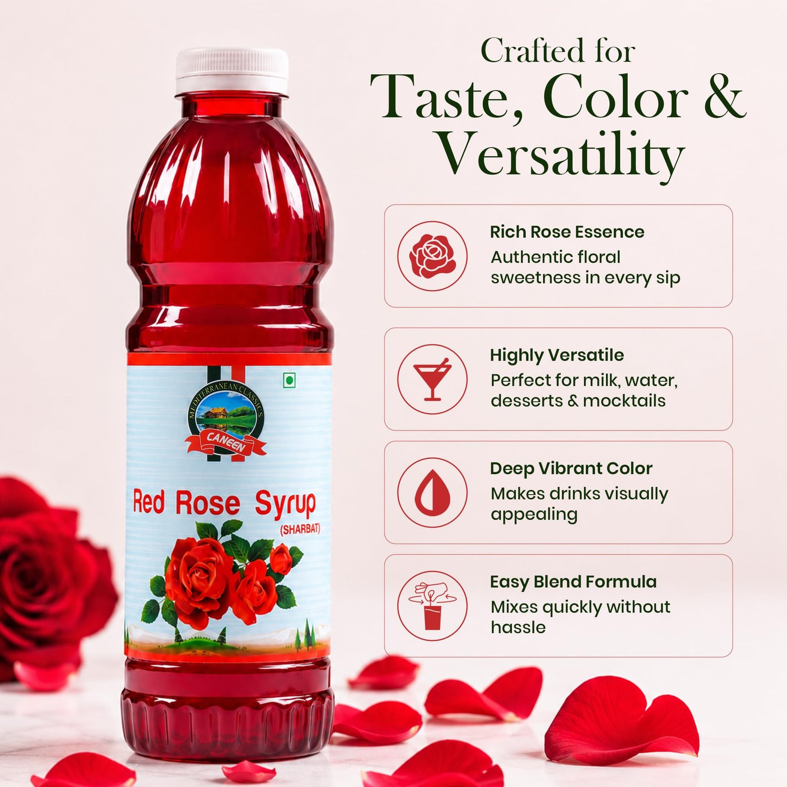 Caneen Red Rose Syrup 1ltr | Premium Rose Drink Syrup for Mocktails, Cocktails, Milk, Juices & Summer Beverages | Refreshing Floral Flavor | Non-Alcoholic Drink Mixer | pack of 1 - Image 6