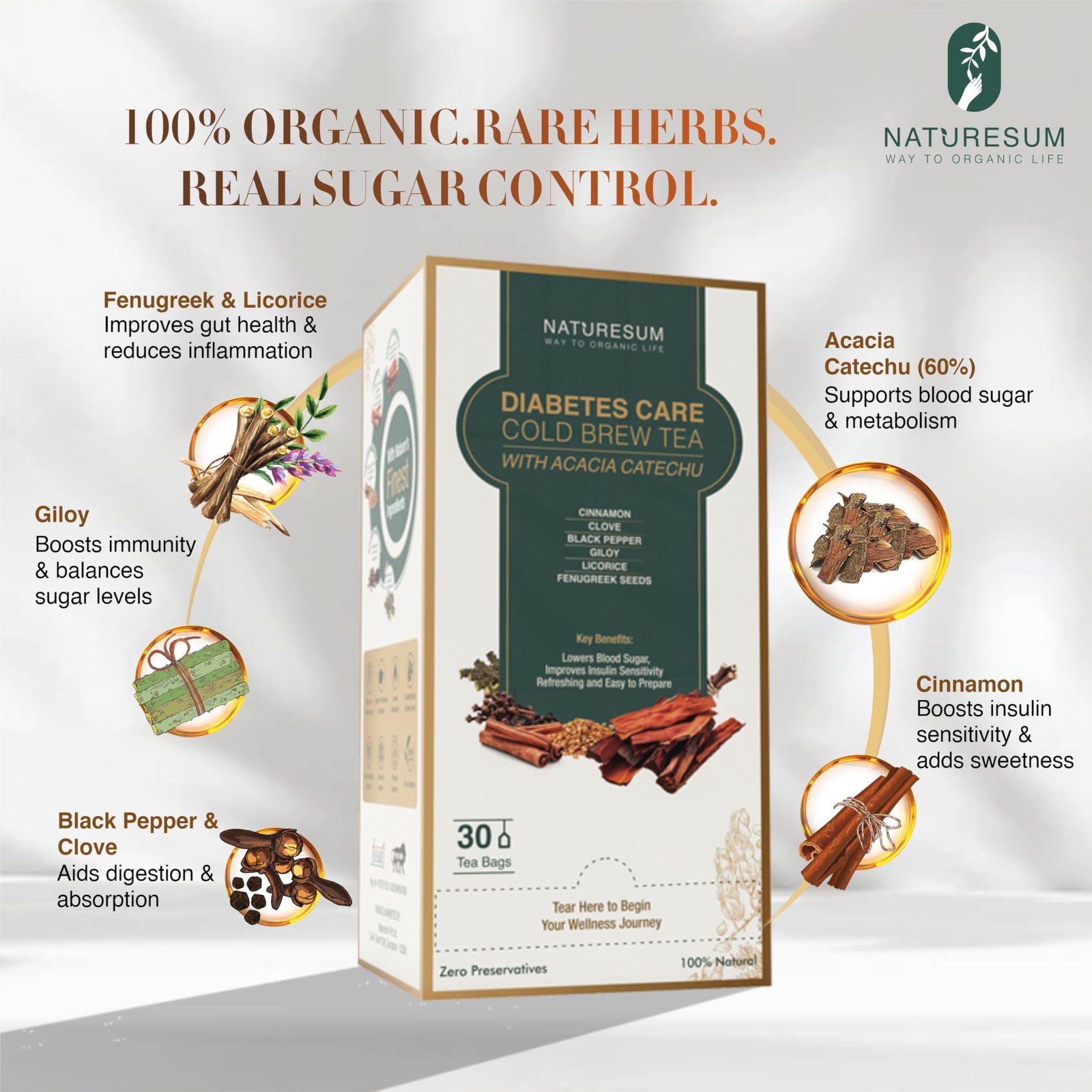 Naturesum Diabetic Care Tea for Diabetes Control, 30 Tea Bags, with Fenugreek (Methi Dana), Acacia Catechu & More, Insulin Resistant, Anti-Inflammatory & Immunity Booster Cold Brew - Image 2