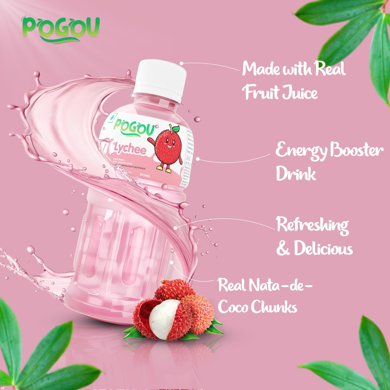 POGOU Lychee Fruit Juice with 25% Nata De Coco | Real Thai Tropical Drink with Coconut Jelly | Healthy Fruit Juice for Kids & Adults | Natural Flavored Refreshing Beverage | Imported from Thailand | Pack of 6, 330ml Each - Image 2