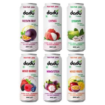 Dadu Fresh Fruit Juice Combo Pack | Pure Natural Healthy Beverage | No Added Sugar, No Preservatives | Soursop, Passion Fruit, Mixed Fruit, Lychee, Mixed Berries, Mangosteen | 6 Cans x 250ml (1500ml)