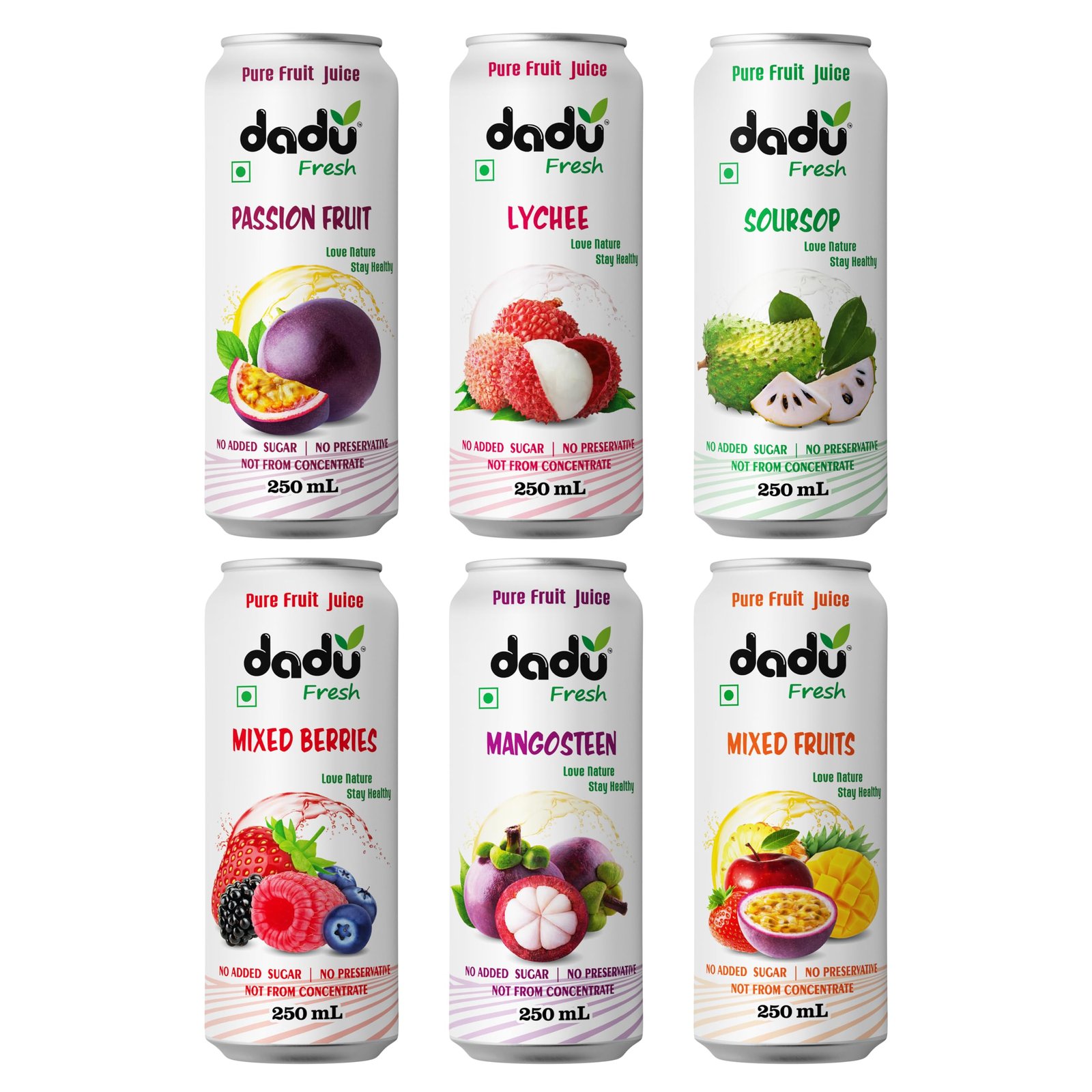 Dadu Fresh Fruit Juice Combo Pack | Pure Natural Healthy Beverage | No Added Sugar, No Preservatives | Soursop, Passion Fruit, Mixed Fruit, Lychee, Mixed Berries, Mangosteen | 6 Cans x 250ml (1500ml)