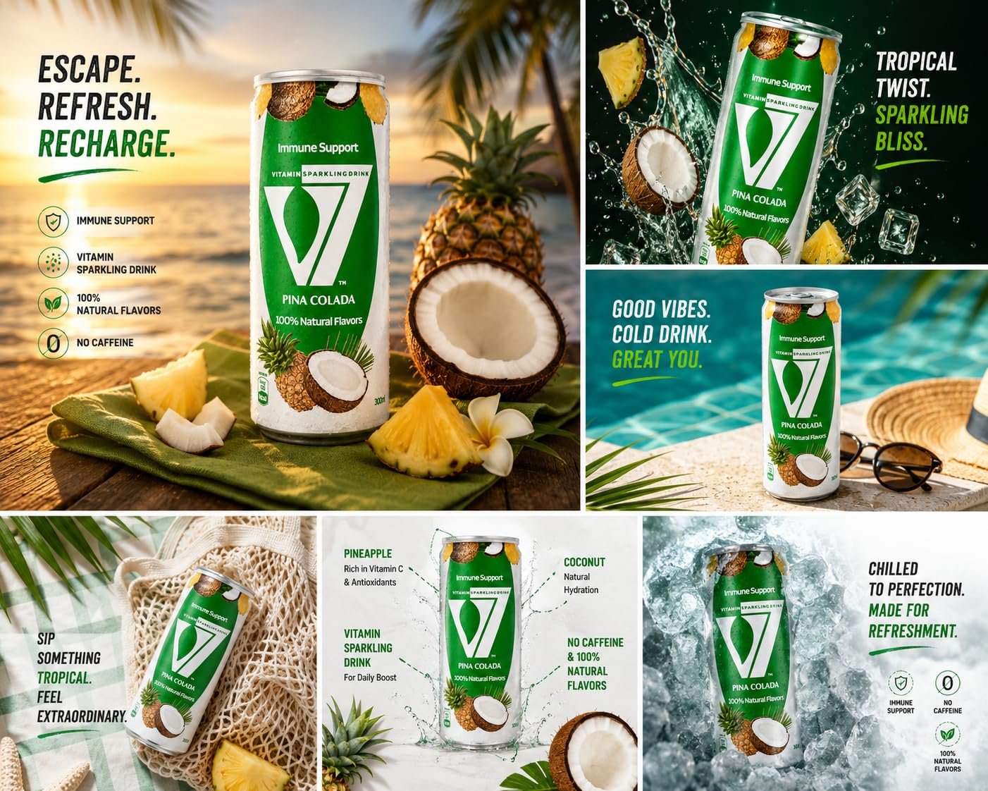 V7 Vitamin Sparkling Drink Pomegranate & Pina Colada Combo, 300ml Each | Immune Support, 100% Natural Flavours, 2 Flavour Variety Pack, Carbonated Beverage | Imported From Egypt - Image 9