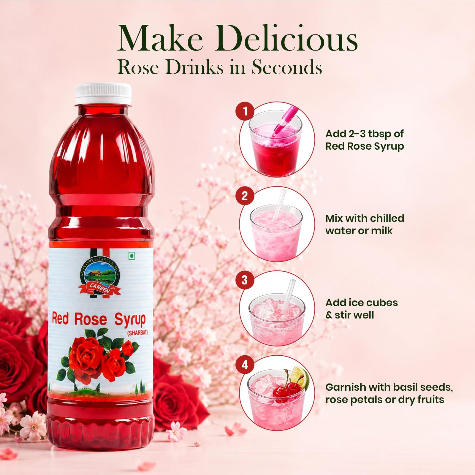 Caneen Red Rose Syrup 1ltr | Premium Rose Drink Syrup for Mocktails, Cocktails, Milk, Juices & Summer Beverages | Refreshing Floral Flavor | Non-Alcoholic Drink Mixer | pack of 1 - Image 8