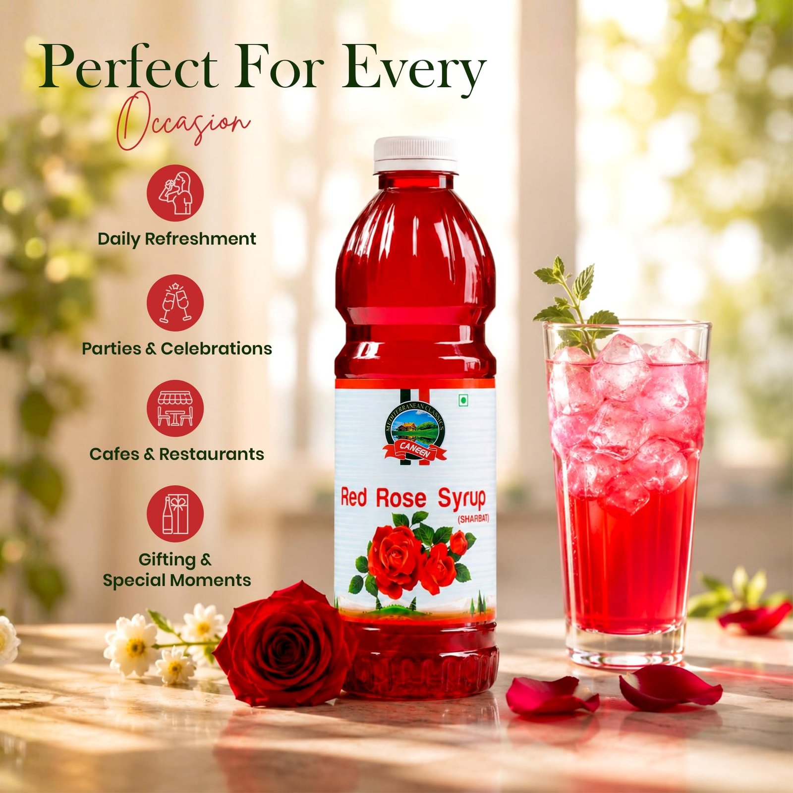 Caneen Red Rose Syrup 1ltr | Premium Rose Drink Syrup for Mocktails, Cocktails, Milk, Juices & Summer Beverages | Refreshing Floral Flavor | Non-Alcoholic Drink Mixer | pack of 1 - Image 9