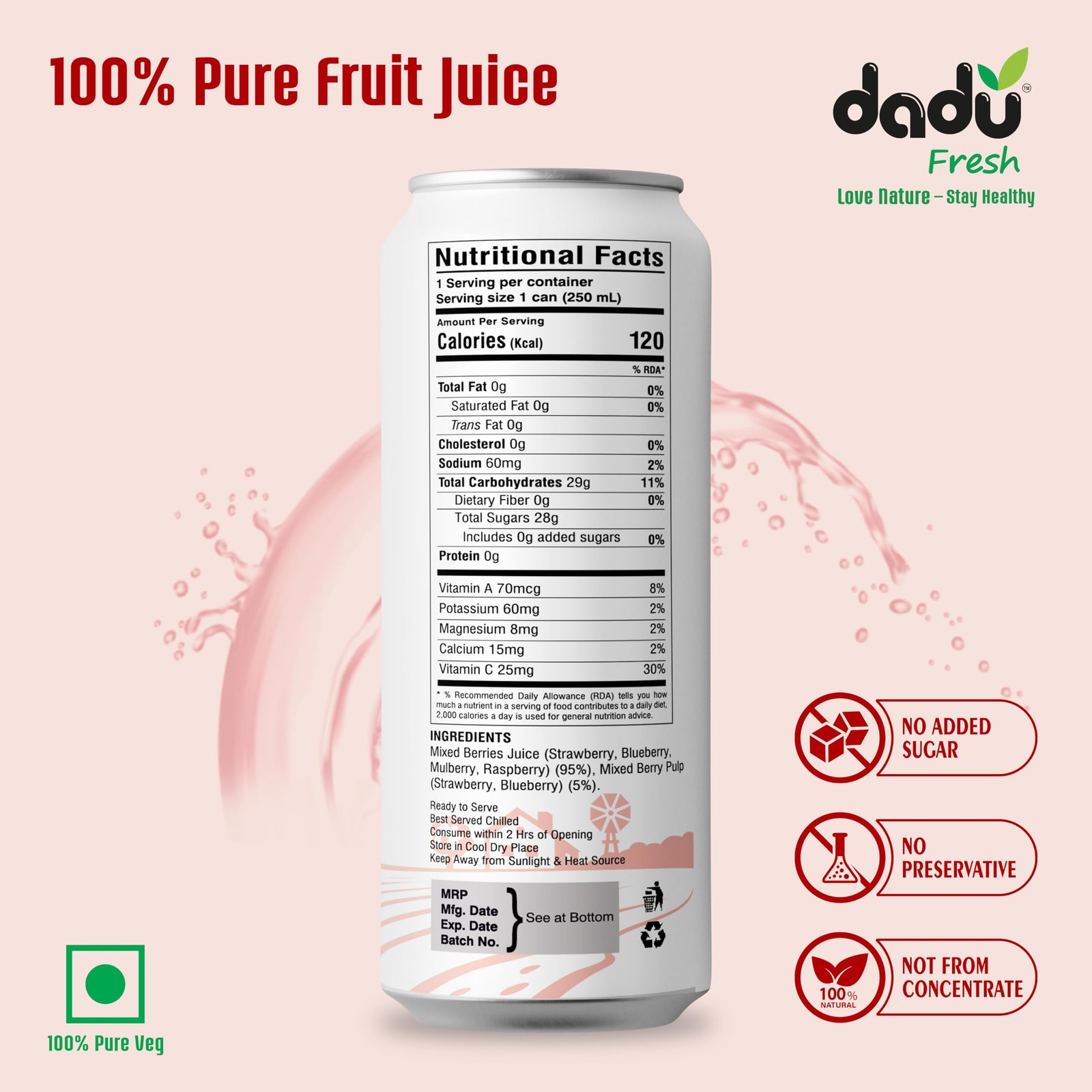 Dadu Fresh Mixed Berries Juice | Pure Natural Juice | Not from Concentrate | No Added Sugar | No Preservatives or Artificial Flavors | Blend of Strawberries, Blueberries, Mulberries & Raspberries | 250ml (Pack of 4) - Image 5