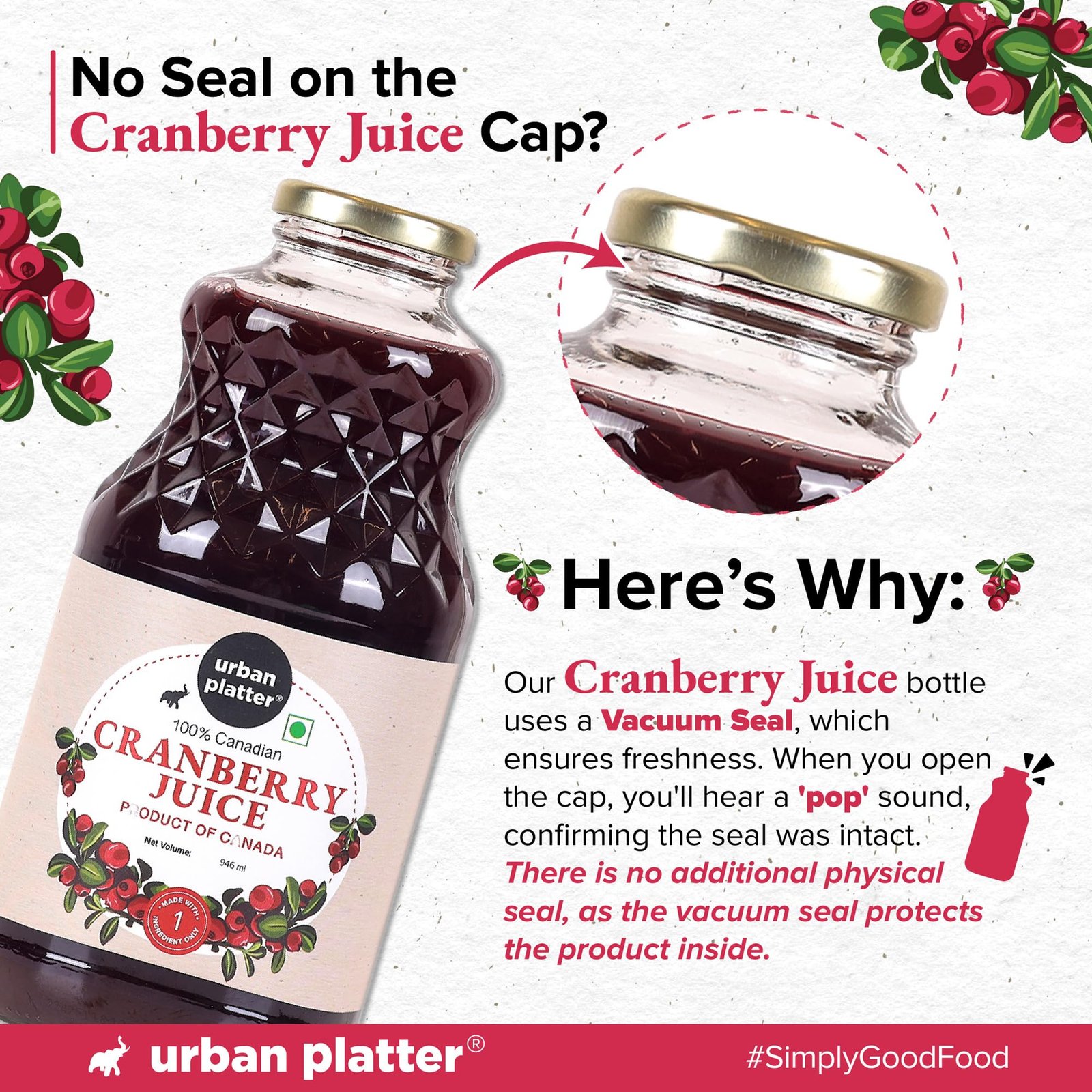 Urban Platter 100% Canadian Cranberry Juice, 946ml (Glass Bottle, No Added Sugar & Preservative-Free, Antioxidant-Rich, Supports UTI Health, Ideal for Cocktails & Mocktails) - Image 6