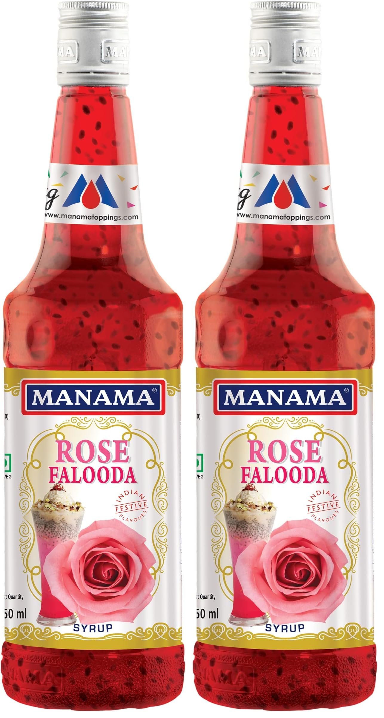 Manama Rose Falooda Syrup | Mixer for Mocktails, Cocktails, Drinks, Juices, Beverages | Non Alcoholic Mix 750ML Bottle (Pack of 2)