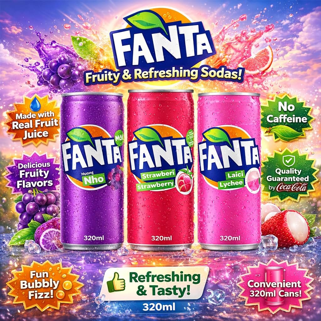 FANTA - Grape, Strawberry & Lychee Flavoured Carbonated Soft Drink Combo Pack (320ml) Each Cans By COUGAR | Refreshing Fizzy Fruit Beverages | FREE PRESTIGE PISTACHIO WAFFI INCLUDED | Chilled Ready To Drink Soda Pack – (Imported - MALAYSIA) - Image 4