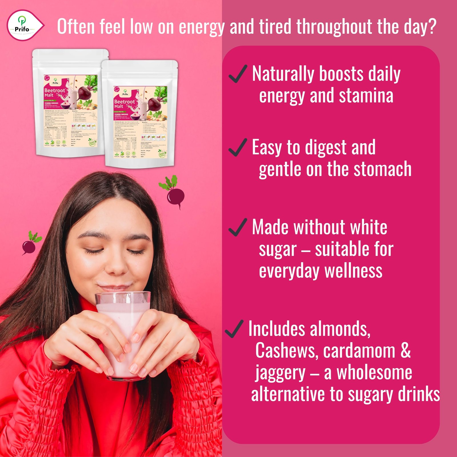 Prifo Beetroot Milk Mix Powder | No White Sugar | Enriched with Almonds, Cashews & Cardamom | 100% Natural | Immunity Booster | Instant Healthy Drink for Kids & Adults | 250g - Image 7