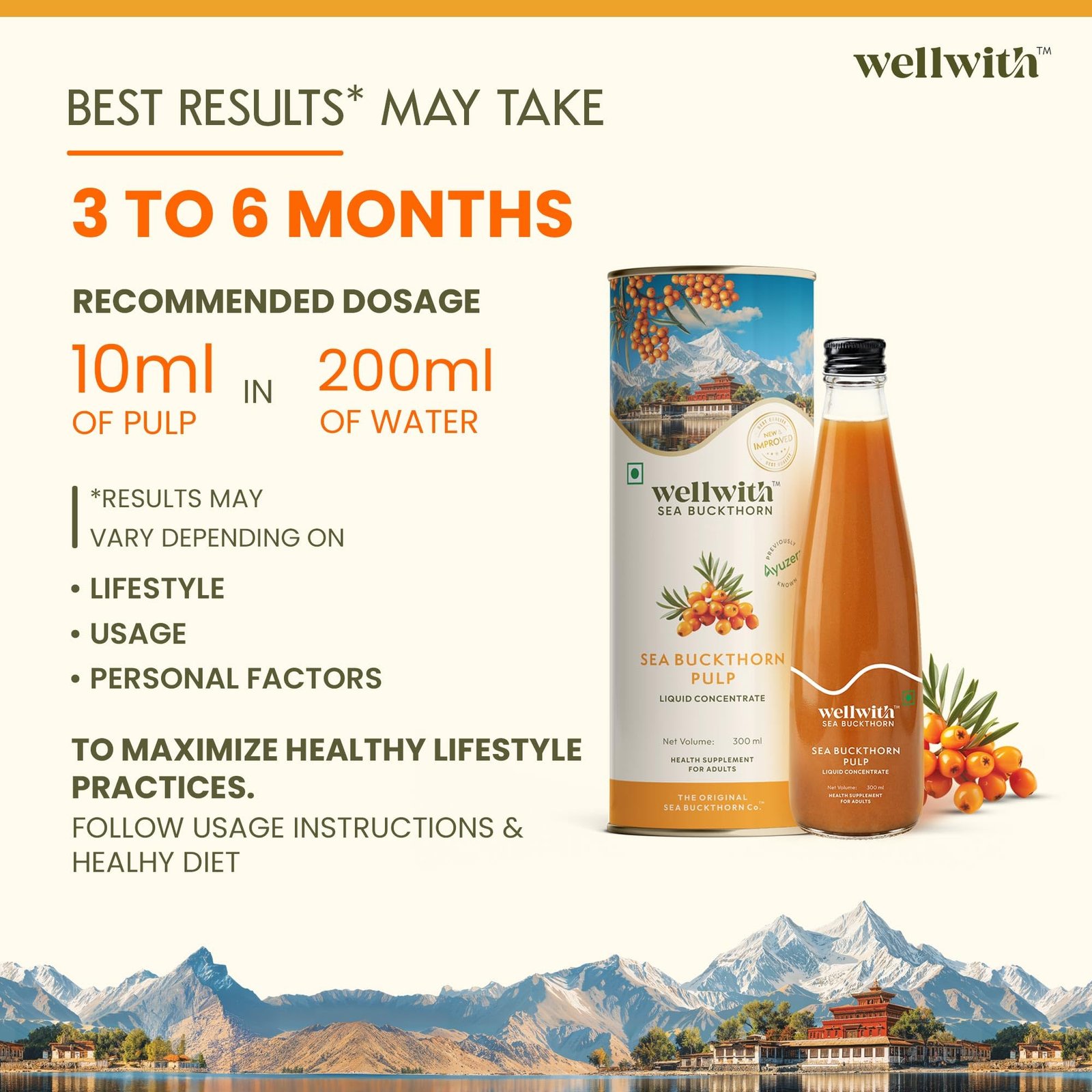 Ayuzera (Wellwith) Himalayan Sea Buckthorn Pulp Concentrate 300ml | Cold-Pressed | Makes 50 Glasses | Natural Vitamin C, Omega 3 6 7 9, Antioxidants | Immunity, Skin Glow & Gut Health Support | Juice Seabuckthorn - Image 8