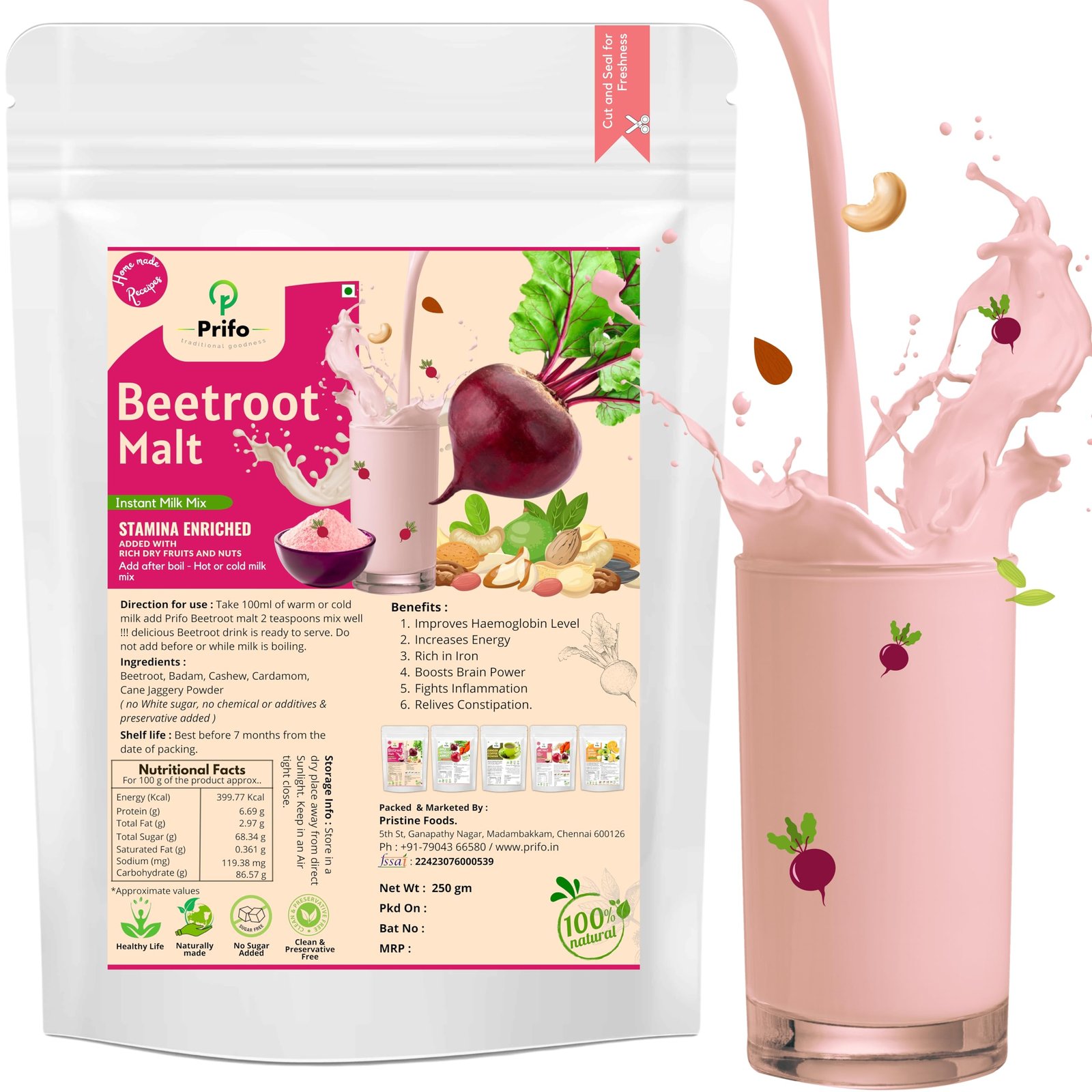 Prifo Beetroot Milk Mix Powder | No White Sugar | Enriched with Almonds, Cashews & Cardamom | 100% Natural | Immunity Booster | Instant Healthy Drink for Kids & Adults | 250g