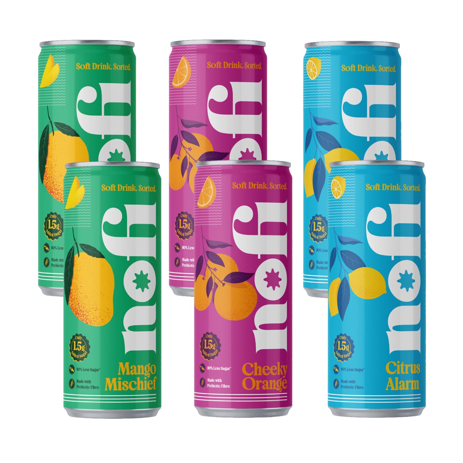 NOFI Assorted Carbonated Soft Drinks, 3 Flavours x 2 Cans (Citrus Alarm, Cheeky Orange, Mango Mischief) | Made with Prebiotic Fibre | No Preservatives | 250 ml Cans (Pack of 6)