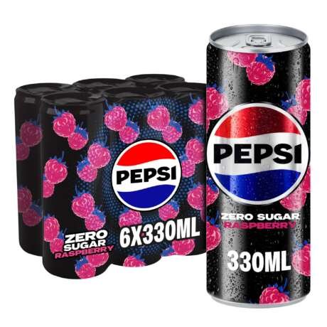 Pepsi Zero Sugar Raspberry Flavoured Carbonated Soft Drink, 320ml Cans, X Pack of 6 (From Vietnam) Get Flavourito Kunafa Chocolate 20g Absolutely Free From DECADENT FOODS