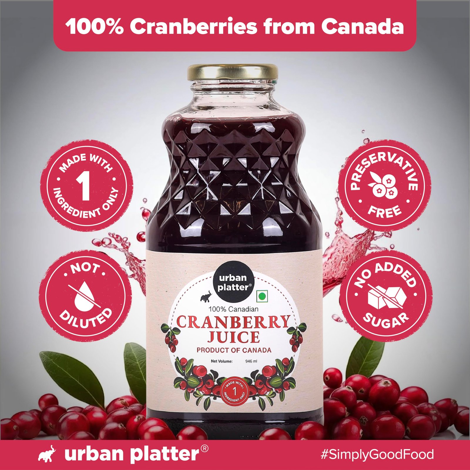 Urban Platter 100% Canadian Cranberry Juice, 946ml (Glass Bottle, No Added Sugar & Preservative-Free, Antioxidant-Rich, Supports UTI Health, Ideal for Cocktails & Mocktails) - Image 4