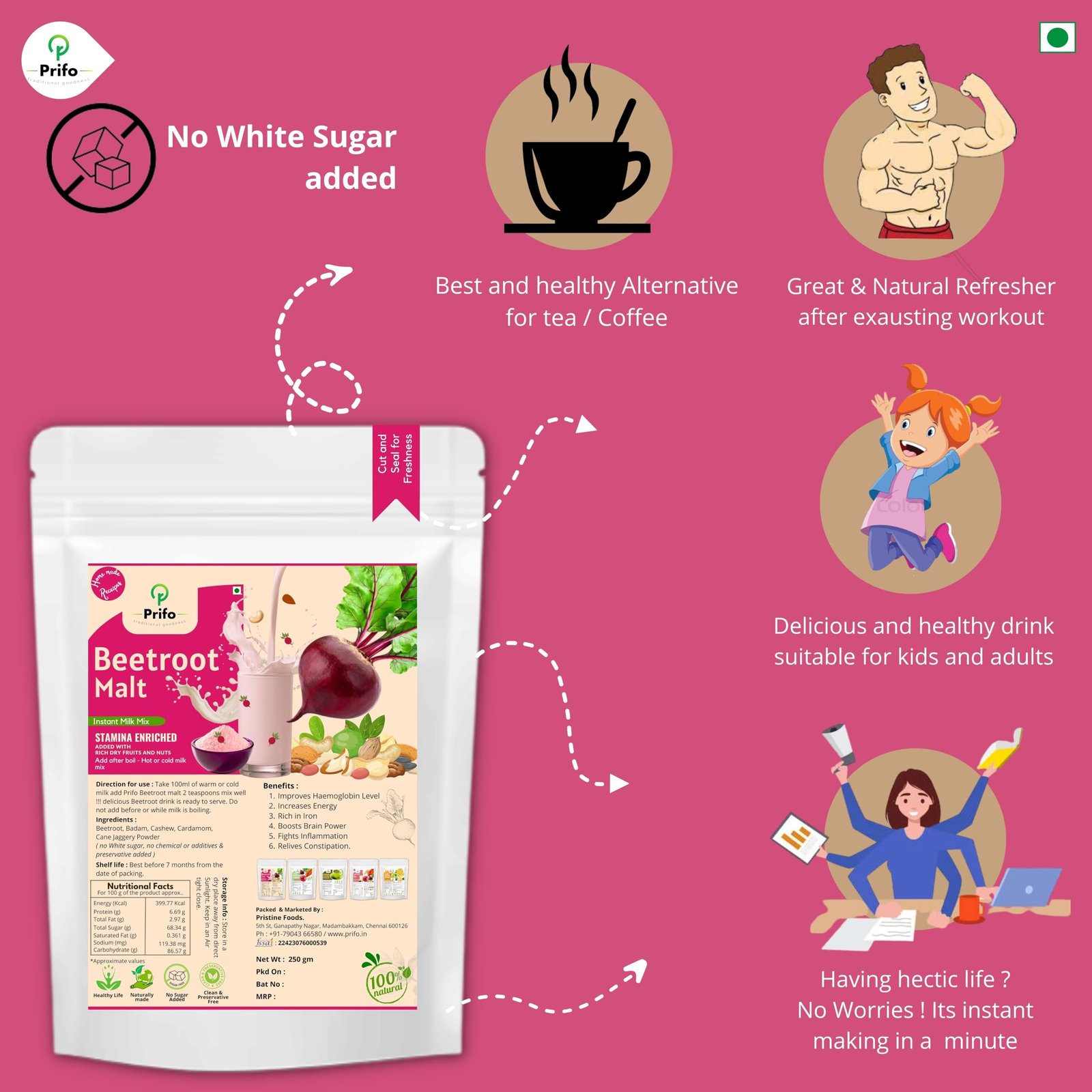 Prifo Beetroot Milk Mix Powder | No White Sugar | Enriched with Almonds, Cashews & Cardamom | 100% Natural | Immunity Booster | Instant Healthy Drink for Kids & Adults | 250g - Image 5