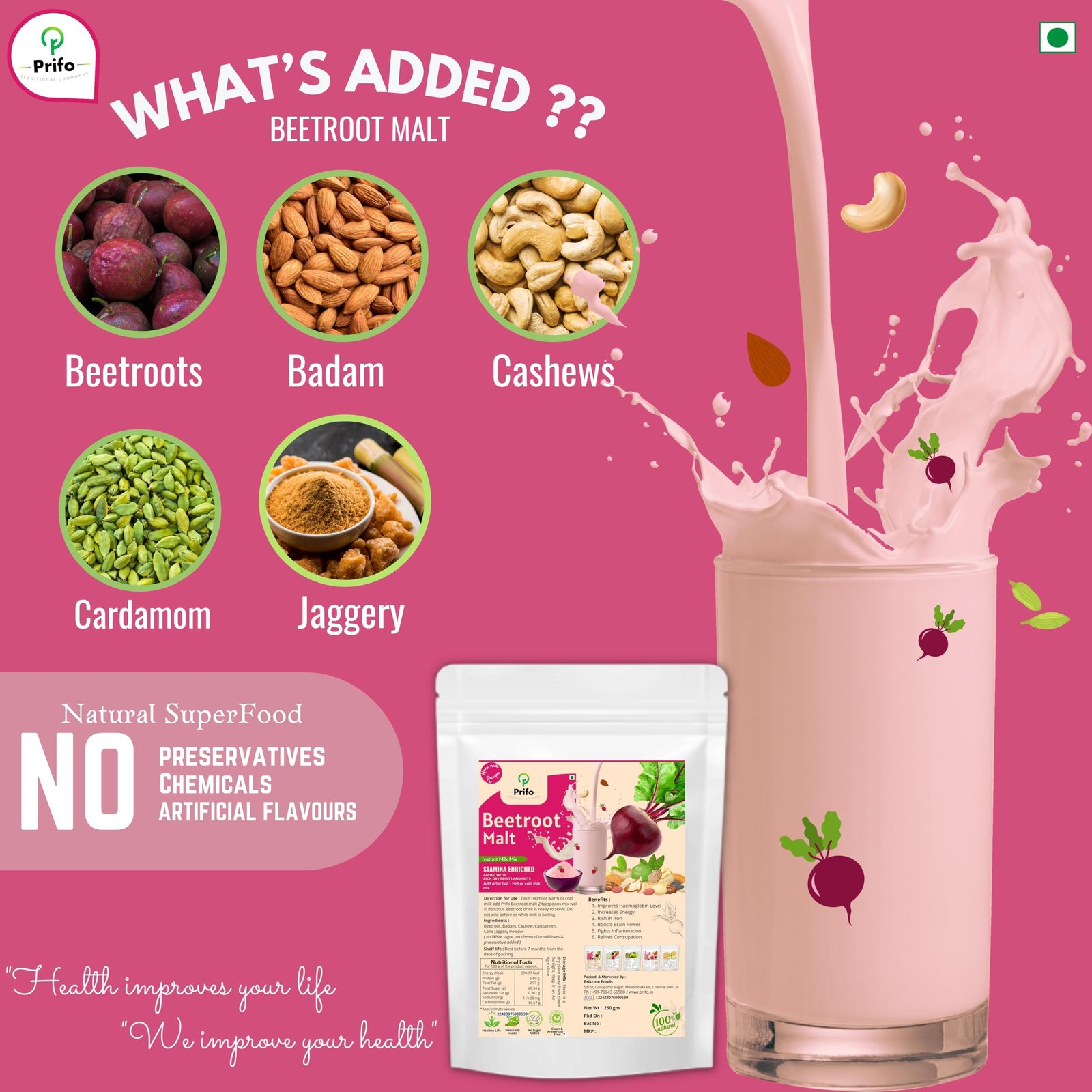 Prifo Beetroot Milk Mix Powder | No White Sugar | Enriched with Almonds, Cashews & Cardamom | 100% Natural | Immunity Booster | Instant Healthy Drink for Kids & Adults | 250g - Image 4