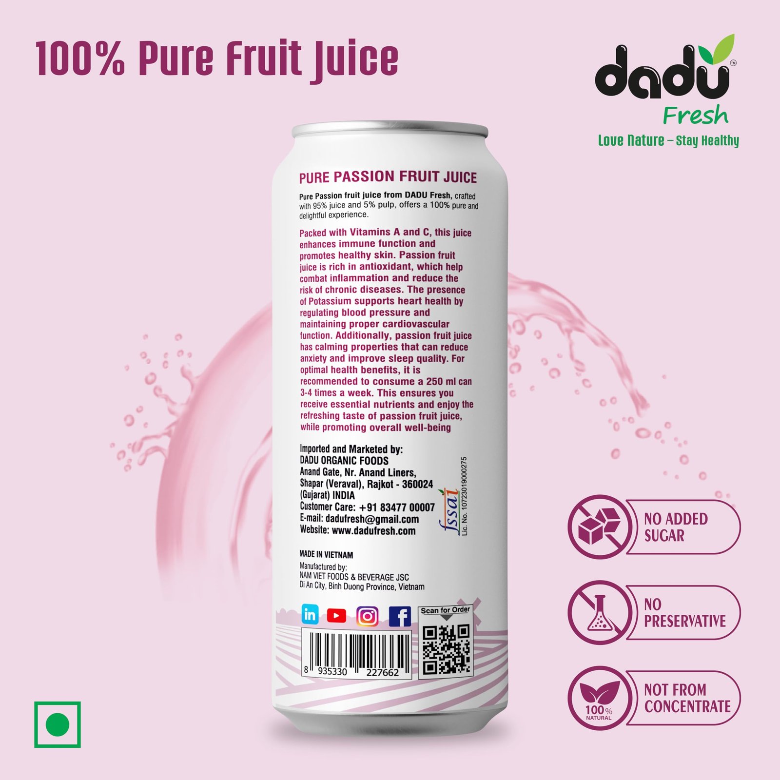 Dadu Fresh Passion Fruit Juice | Vitamin C & Antioxidant-Rich Exotic Drink | Supports Immune Health, Digestive Wellness & Skin Glow | No Added Sugar | Naturally Refreshing - 250 ML (Pack of 6) - Image 5