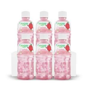 POGOU Lychee Fruit Juice with 25% Nata De Coco | Real Thai Tropical Drink with Coconut Jelly | Healthy Fruit Juice for Kids & Adults | Natural Flavored Refreshing Beverage | Imported from Thailand | Pack of 6, 330ml Each