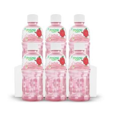 POGOU Lychee Fruit Juice with 25% Nata De Coco | Real Thai Tropical Drink with Coconut Jelly | Healthy Fruit Juice for Kids & Adults | Natural Flavored Refreshing Beverage | Imported from Thailand | Pack of 6, 330ml Each