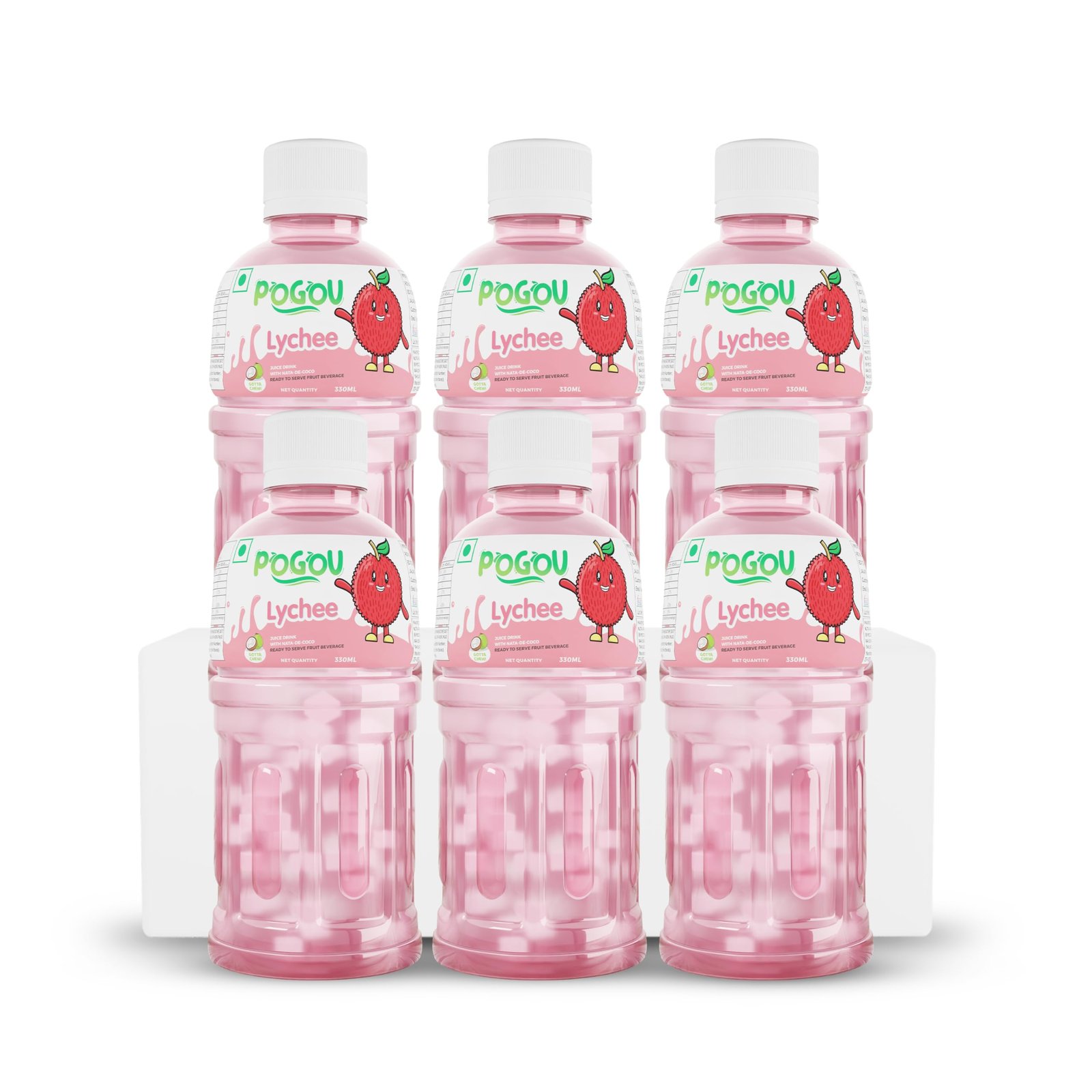 POGOU Lychee Fruit Juice with 25% Nata De Coco | Real Thai Tropical Drink with Coconut Jelly | Healthy Fruit Juice for Kids & Adults | Natural Flavored Refreshing Beverage | Imported from Thailand | Pack of 6, 330ml Each