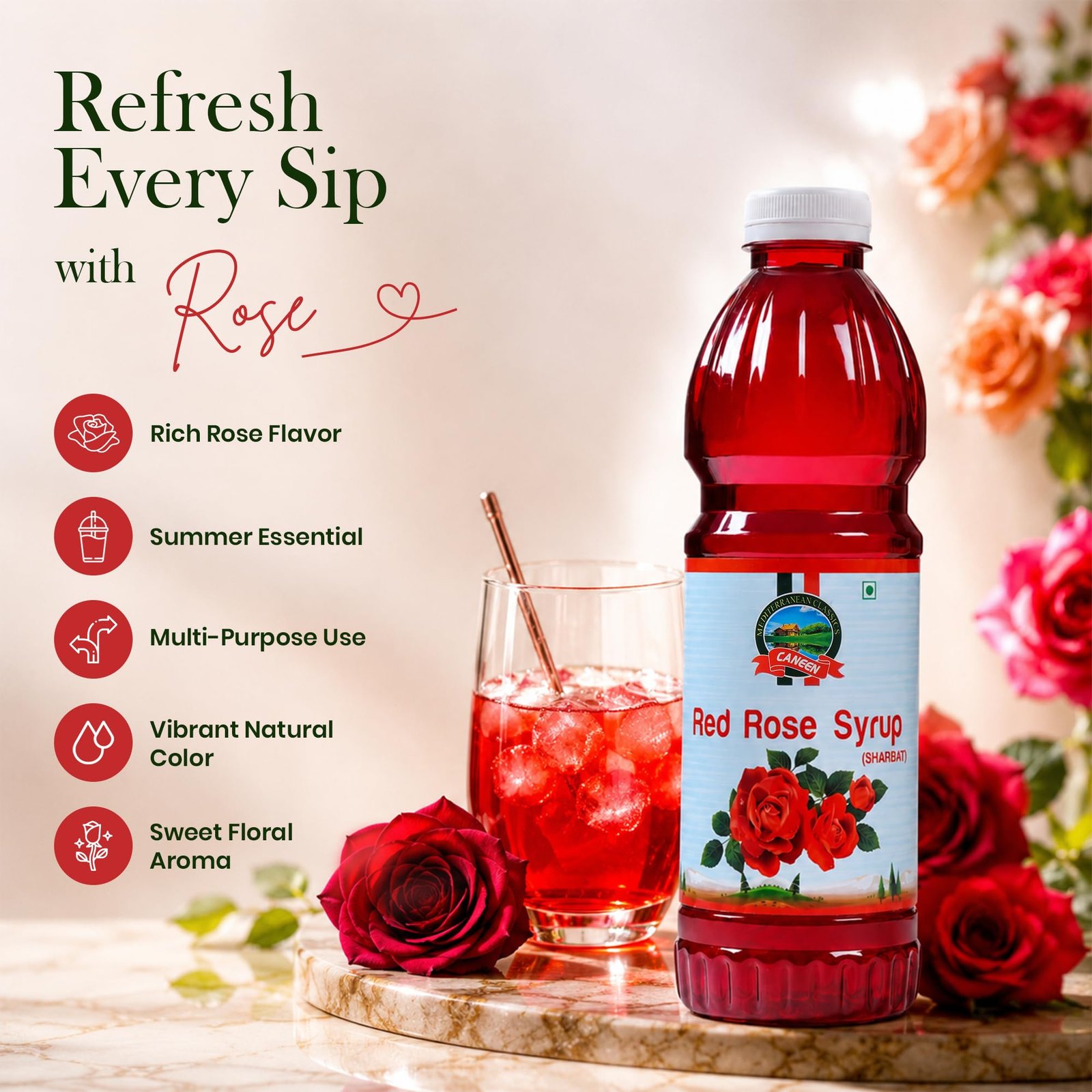Caneen Red Rose Syrup 1ltr | Premium Rose Drink Syrup for Mocktails, Cocktails, Milk, Juices & Summer Beverages | Refreshing Floral Flavor | Non-Alcoholic Drink Mixer | pack of 1 - Image 4