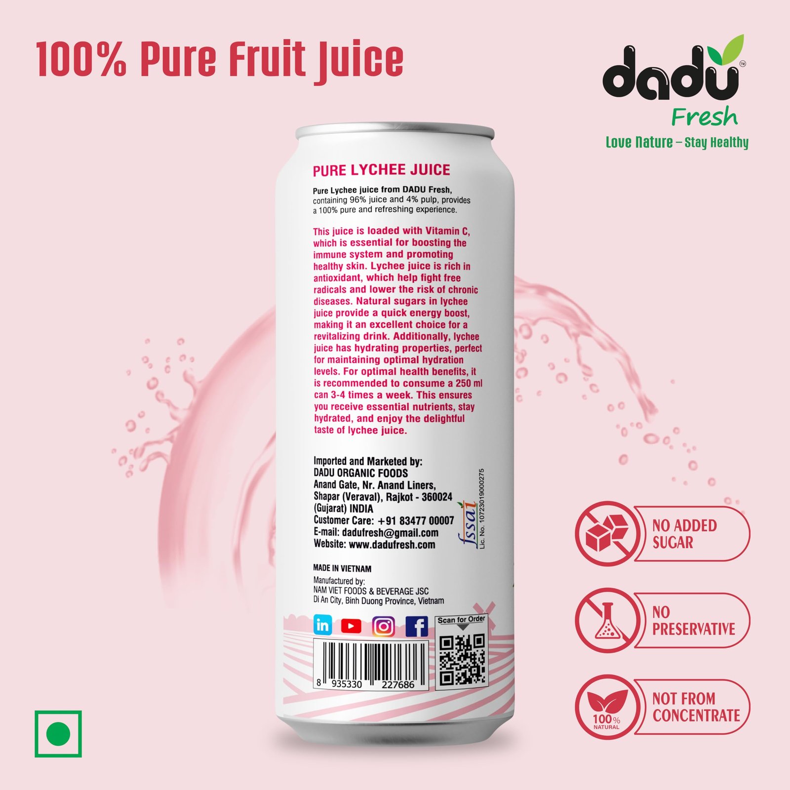 Dadu Fresh Lychee Juice | Naturally Sweet & Refreshing Drink Rich in Vitamin C & Antioxidants | Supports Hydration, Immune Health & Skin Radiance | No Added Sugar - 250 ML (Pack of 6) - Image 6