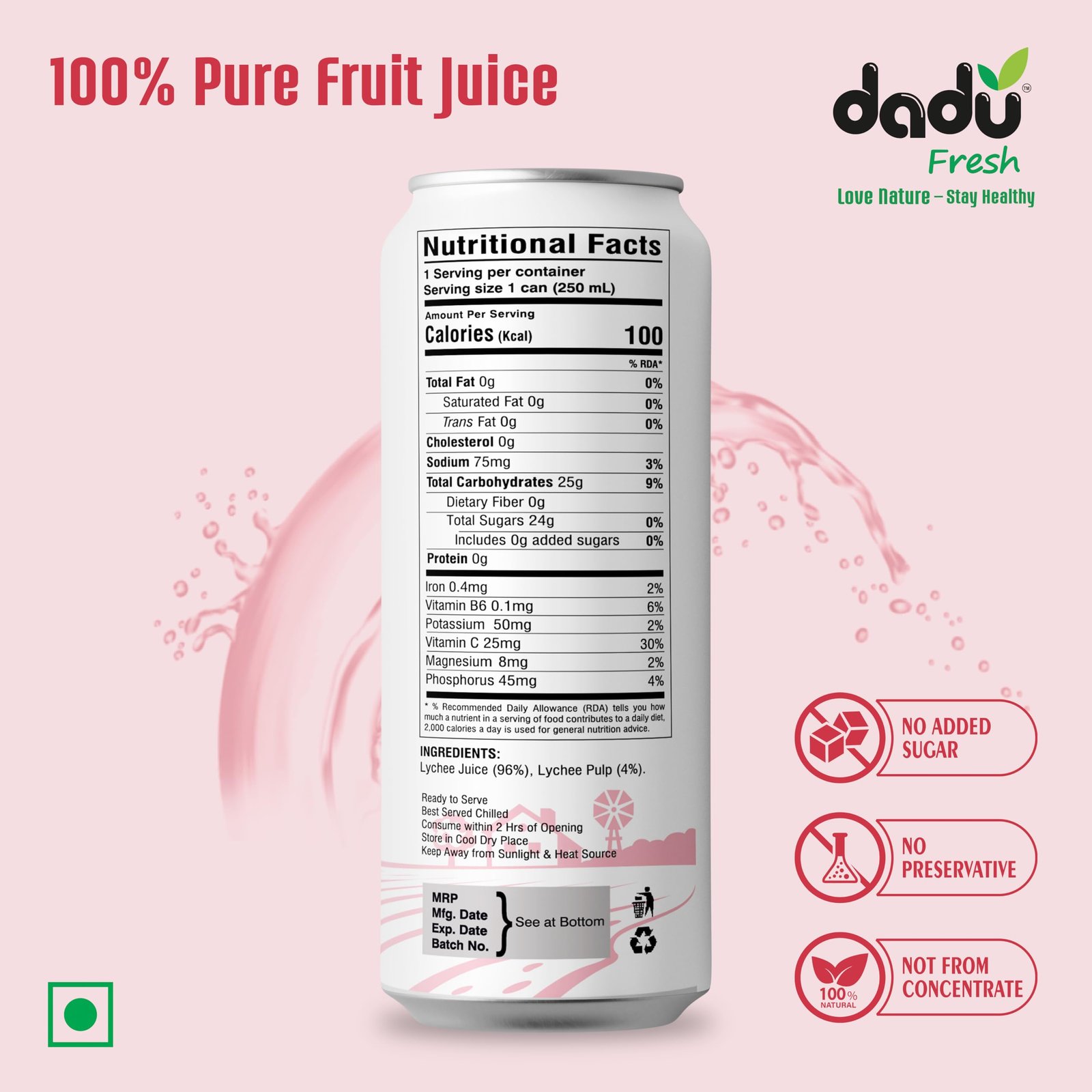 Dadu Fresh Lychee Juice | Naturally Sweet & Refreshing Drink Rich in Vitamin C & Antioxidants | Supports Hydration, Immune Health & Skin Radiance | No Added Sugar - 250 ML (Pack of 6) - Image 5